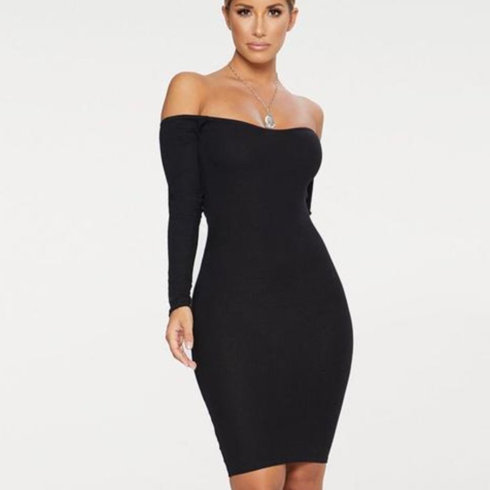 Black Bardot Ribbed Long Sleeve Midi Dress